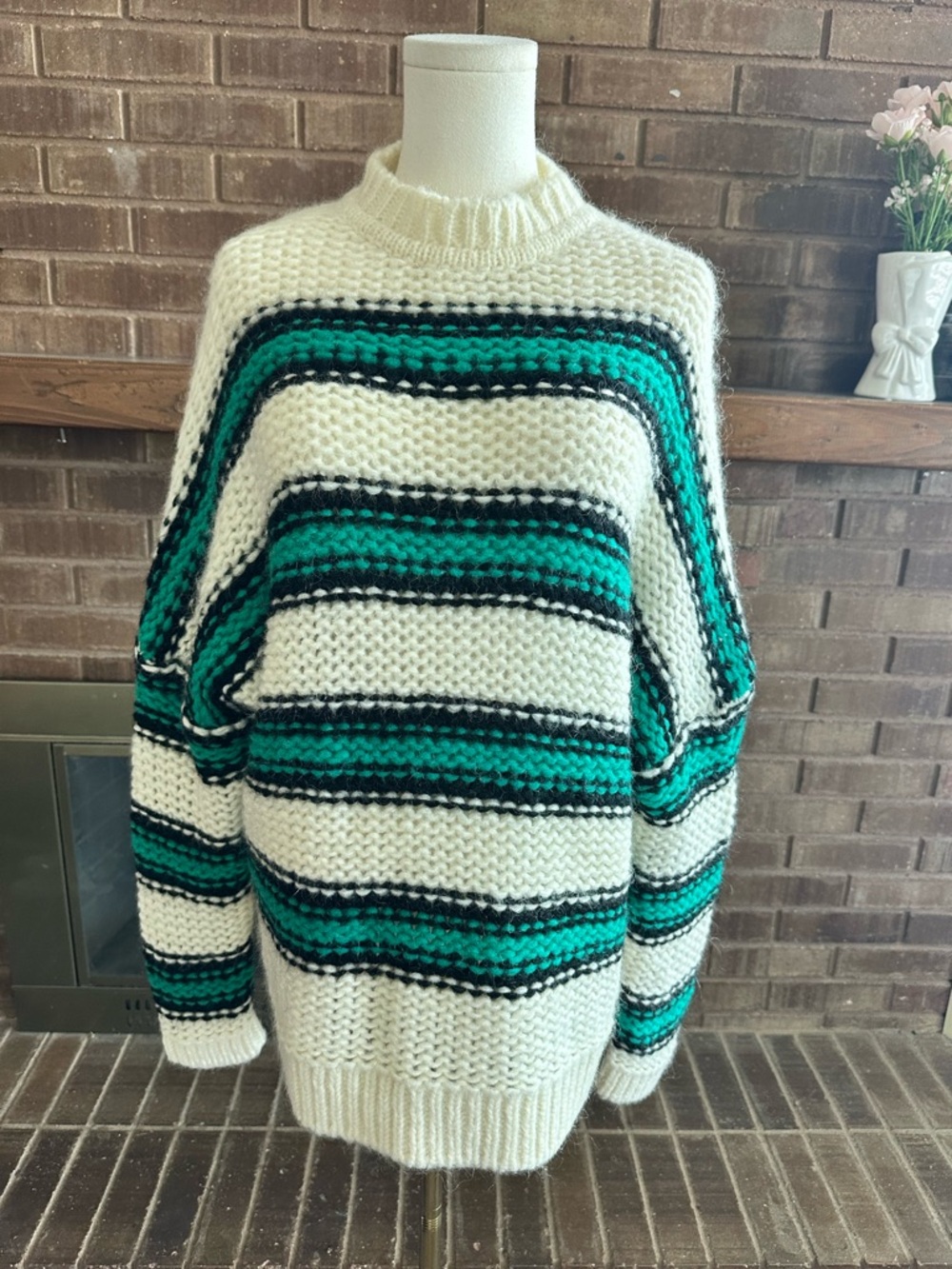 MAJE Striped Chunky Knit Mohair Sweater Size 2 US M Cream Green Cozy Preppy